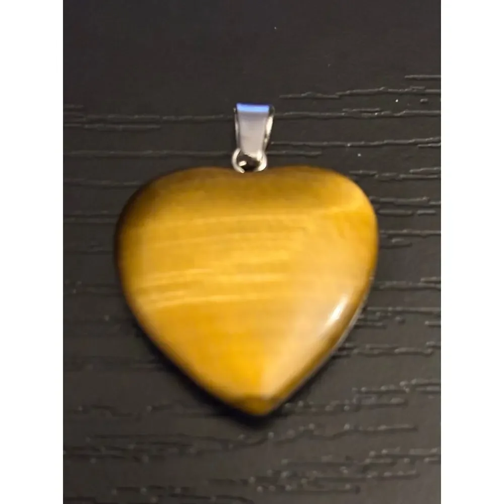 Vintage NOS Tiger’s Eye Heart Pendant Silver Tone